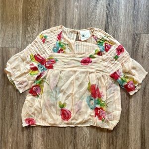 One Fine Day Tea Rose Floral Sheer Pleated Pin Tucked Blouse
